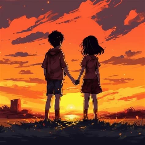 Anime couple holding hands in front of a sunset generative ai | Premium ...