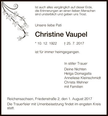 Traueranzeigen Von Christine Vaupel Trauer Werra Rundschau De