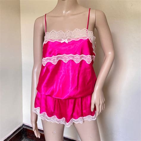Hot Pink Lacy Satin Lingerie Loungewear Camisole Bodysuit Etsy