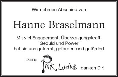 Traueranzeigen Von Hanne Braselmann Vrm Trauer De