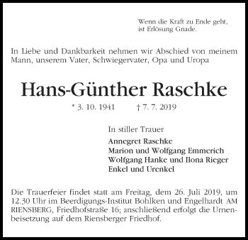 Traueranzeigen von Hans Günther Raschke Trauer Gedenken