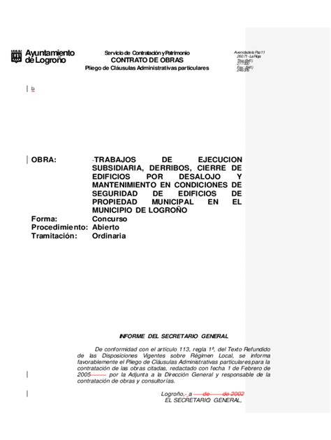 Completable En línea Pliego de Clusulas Administrativas particulares