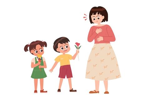 Niños lindos dando flores a mamá vector de dibujos animados | Vector ...