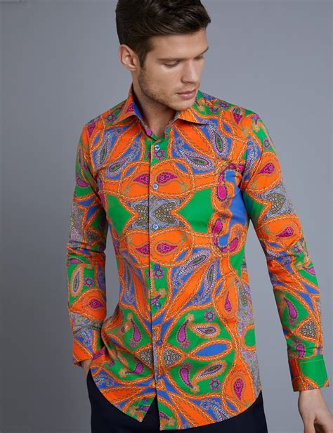 Men S Curtis Royal Blue Orange Paisley Slim Fit Stretch Shirt