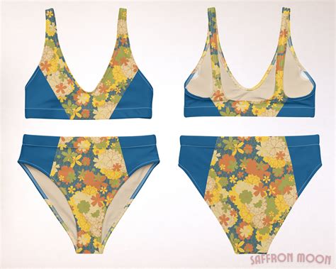 Japanese Sakura Bikini Blue Yellow Orange Green Floral Cherry Etsy