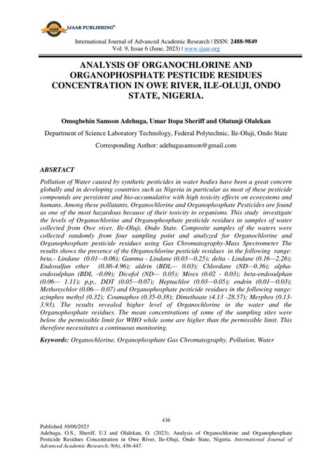 PDF Analysis Of Organochlorine And Organophosphate Pesticide Residues