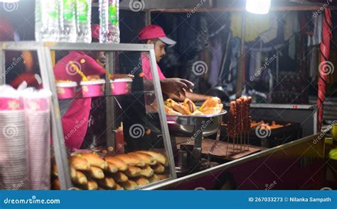 Worker Frying Sausages At A Street Food Stall Night Street Foods Vendor Photo Editorial Stock