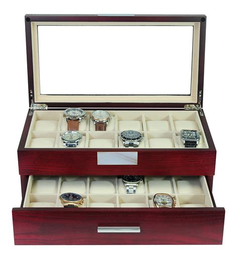 24 Oversized Extra Large Cherry Wood Watch Box Display Case 2 Level St