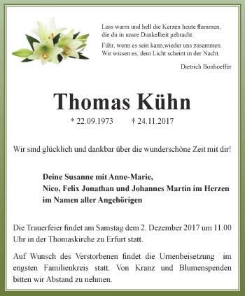 Traueranzeigen Von Thomas K Hn Trauer In Thueringen De