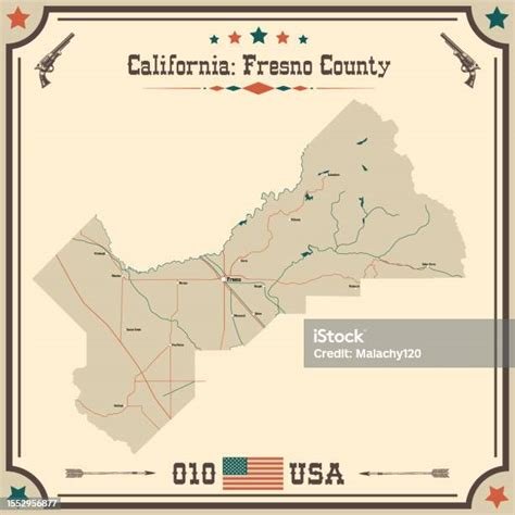 Ilustración De Mapa Grande Y Preciso Del Condado De Fresno California Eeuu Con Colores Vintage Y