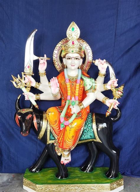 Multicolor Painted White Makrana Marble Durga Maa Statue For Worship