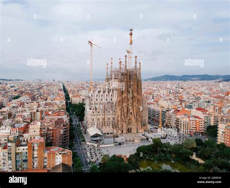 Spain, Catalonia, Barcelona, Aerial view of Sagrada Familia basilica ...