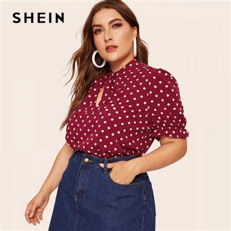 Shein Plus Size Burgundy Polka Dot Tie Neck Top Blouse Women Summer