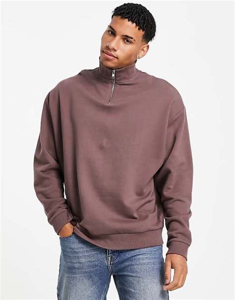 Asos Design Oversized Half Zip Sweatshirt In Beige Washed Brown 2 Pack