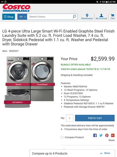 [Costco] LG 4-piece Laundry Set with Pedestal Washer $2599.99