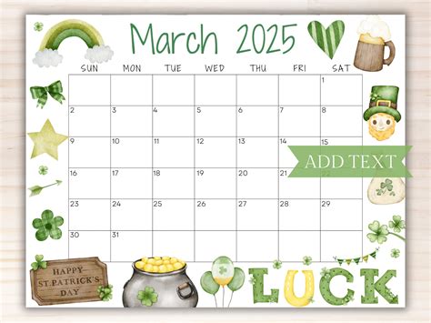 EDITABLE March 2025 Calendar, Printable Calendar 2025 W/ St Patricks ...