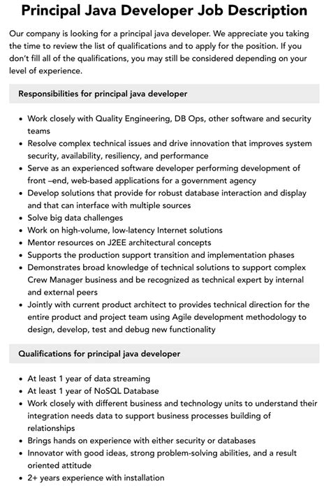 Principal Java Developer Job Description Velvet Jobs