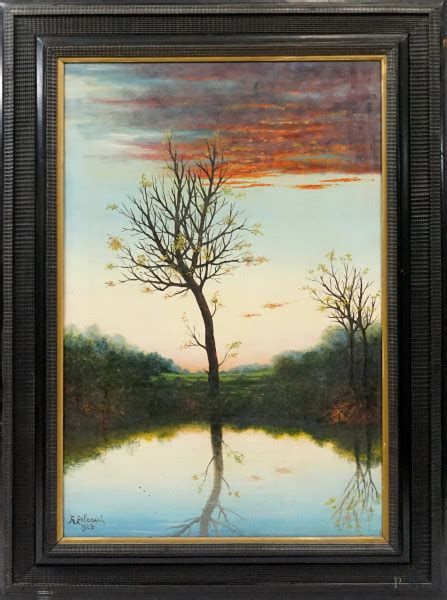 Albero Al Tramonto Olio Su Tela Cm 70x50 Firmato E Datato Entro