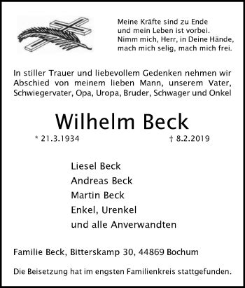 Traueranzeigen Von Wilhelm Beck Trauer In NRW De