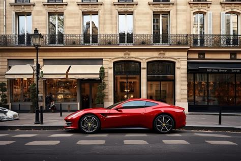 Um carro esportivo vermelho está estacionado em frente a um prédio