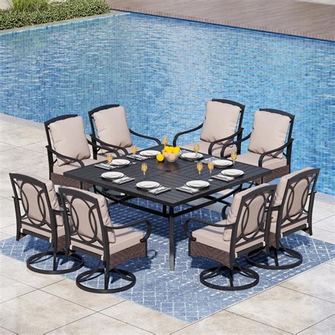 Phi Villa 9 Piece Metal Outdoor Dining Set With Square Table And Rattan Swivel Chairs With Beige