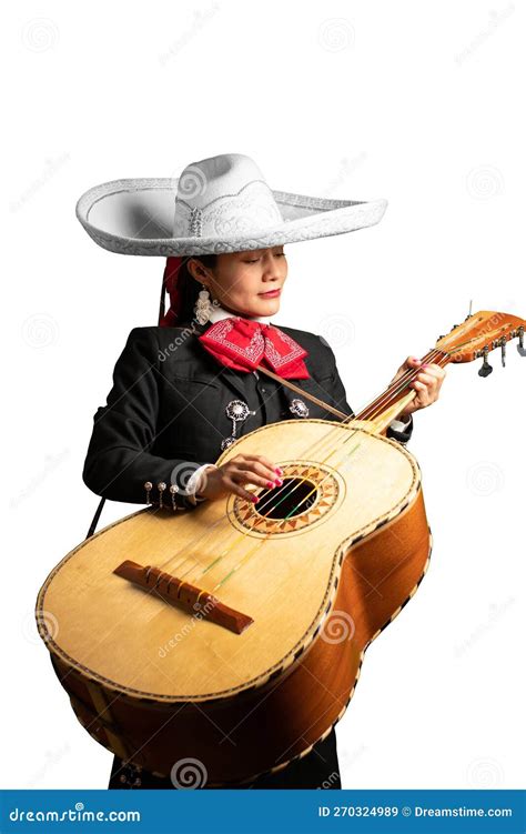 Female Mexican Mariachi Woman Playing Big Guitar Mariachi Girl Suit On