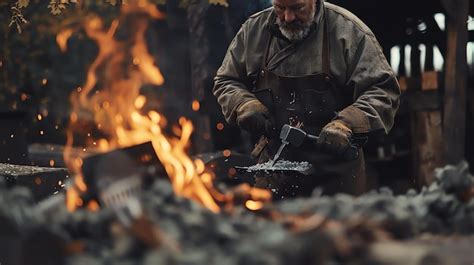 Premium Photo Bearded Blacksmith In Protective Gear Hammering Hot Metal On Anvil In His