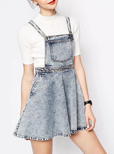 Acid Washed Overall Dress Flared Skirt Pocketed Bib