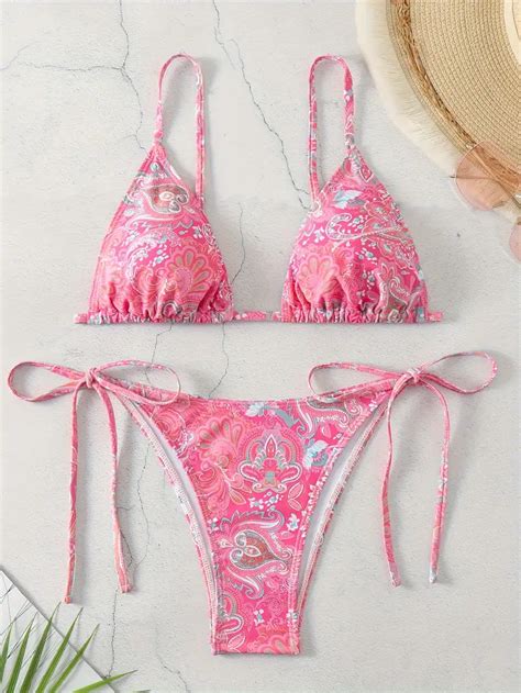 Paisley Floral Print Tie Side Bikini Spaghetti Temu