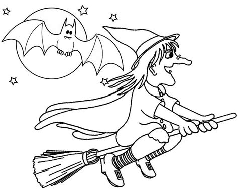 Witch flying across moon coloring page of Halloween - Mitraland