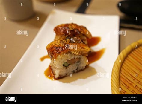 Close Up Unagi Grilled Eel Fish Sushi Rolls Stock Photo Alamy