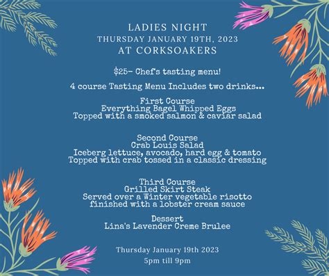 Cork Soakers, Deck & wine Bar - Ladies Night this week, we have a wonderful menu for you to try ...