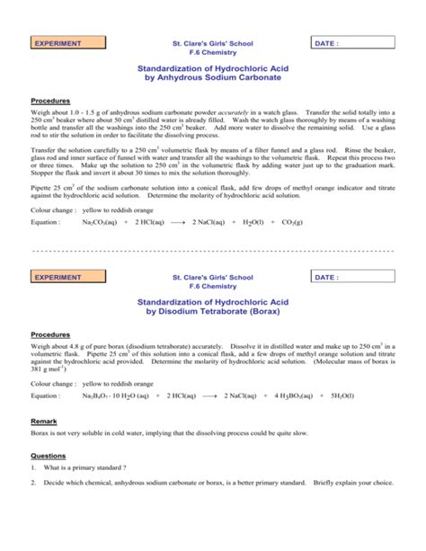 Standardization Of Hydrochloric Acid By Anhydrous Sodium