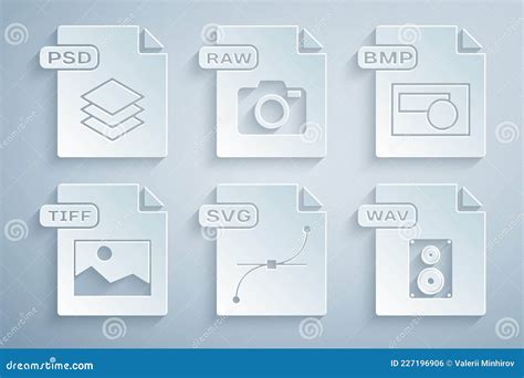 Set SVG File Document BMP TIFF WAV RAW And PSD Icon Vector Stock