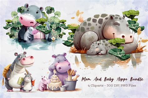 Mom And Baby Hippo Bundle By Zemira | TheHungryJPEG