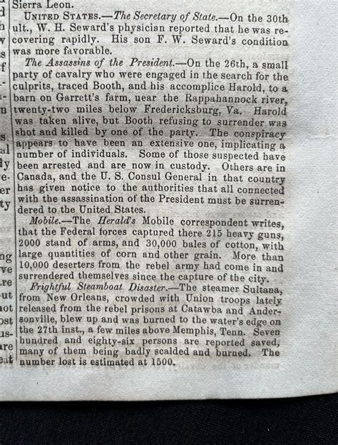 1865 newspaper LINCOLN ASSASSIN JOHN WILKES BOOTH KILLED @ Garrett Farm