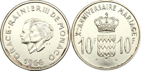 Monaco 10 Francs 1966 Rainier III 10 Hochzeitstag Vz MA Shops