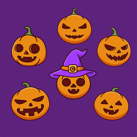 Set Of Spooky Pumpkin Cartoon Halloween Party Vector Illustration