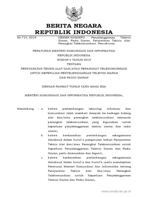 Peraturan Menteri Komunikasi Dan Informatika Nomor 4 Tahun 2019 Pdf