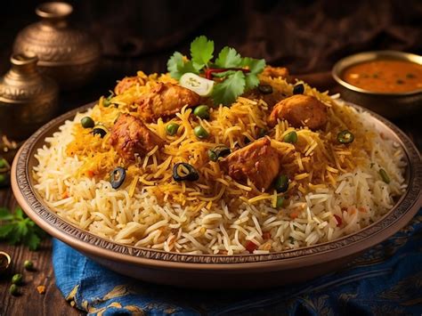 Premium Ai Image Biryani Chicken And Rice Closeup With Garnish