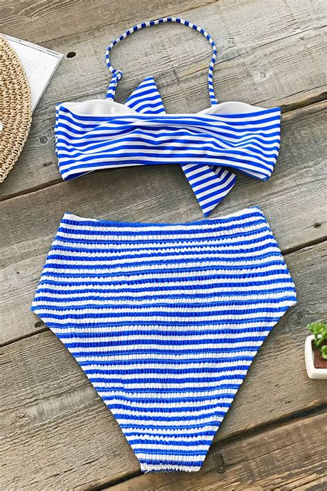 Blue And White Stripe Bikini With Bowknot