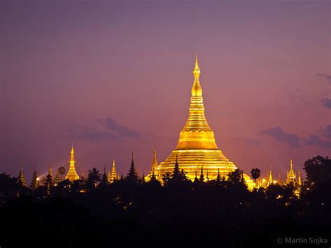 Golden Shwedagon Pagoda In Yangon At Dawn Myanmar Burma A Photo