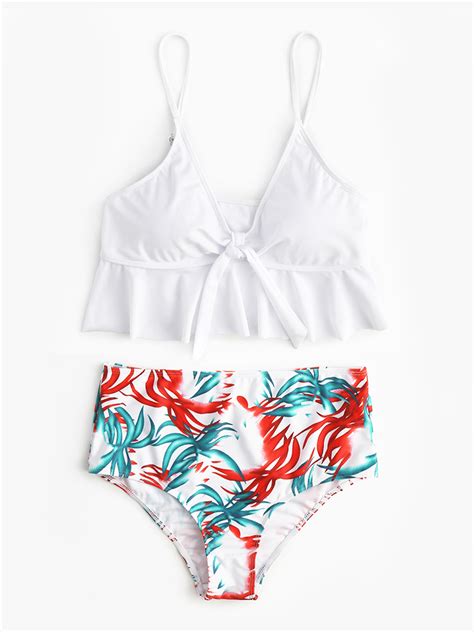 Women Ruffles Hem Knot Tropical Print Hawaii Beach High Waist Bikini Alexnld
