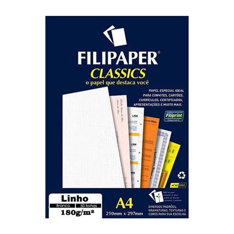 Papel Linho 180g Branco A4 210x297mm Filipaper 50 Folhas