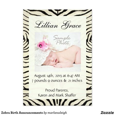 A Birth Announcement With A Zebra Print Background And An Image Of A