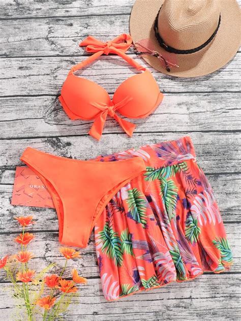 SHEIN Swim Vcay Tropical Print Bikini Set Underwire Halter Push Up Bra Hipster Bottom Beach