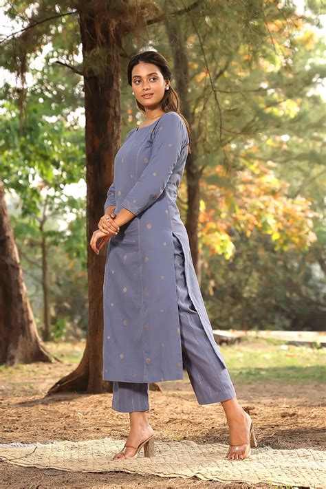 Grey Pure Cotton Gold Zari Polka Dots Kurta Set