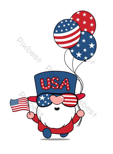 Cute Cartoon Vector America USA Gnome 4th Of July Independence Day