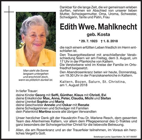 Edith Wwe Mahlknecht Aus Kaltern Trauerhilfe It Das S Dtiroler