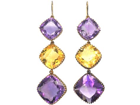 Large Victorian Ct Gold Amethyst Citrine Long Drop Earrings P